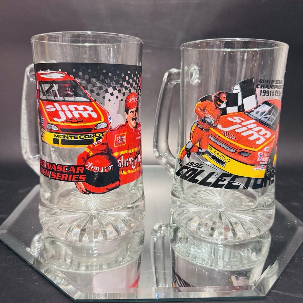 Vintage Pair of Slim Jim Racing Team Glass Beer Mugs NASCAR Busch Series 91 & 94